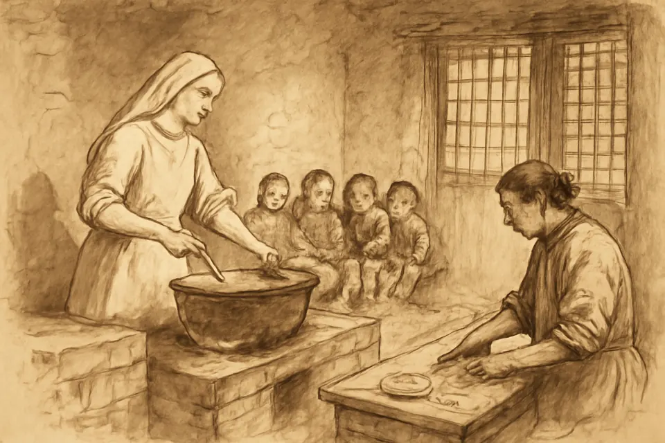 Ink-drawing-style scene of a young sister in a white habit cooking at a large clay stove in a mission orphanage kitchen in China while small children watch