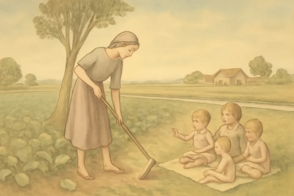 Watercolor-style scene of a teenage girl hoeing a field on a flat plain while small children play at the edge of the field