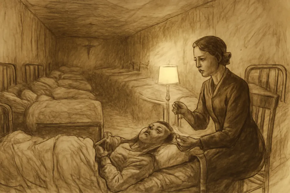 Ink-drawing-style scene of a woman in a dark dress sitting at night beside a sick man's bed in a long hospital ward