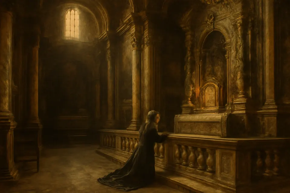 Oil-painting-style scene of a young woman in an early-1900s dark dress kneeling alone in a Palermo church before a tabernacle lit by a red lamp