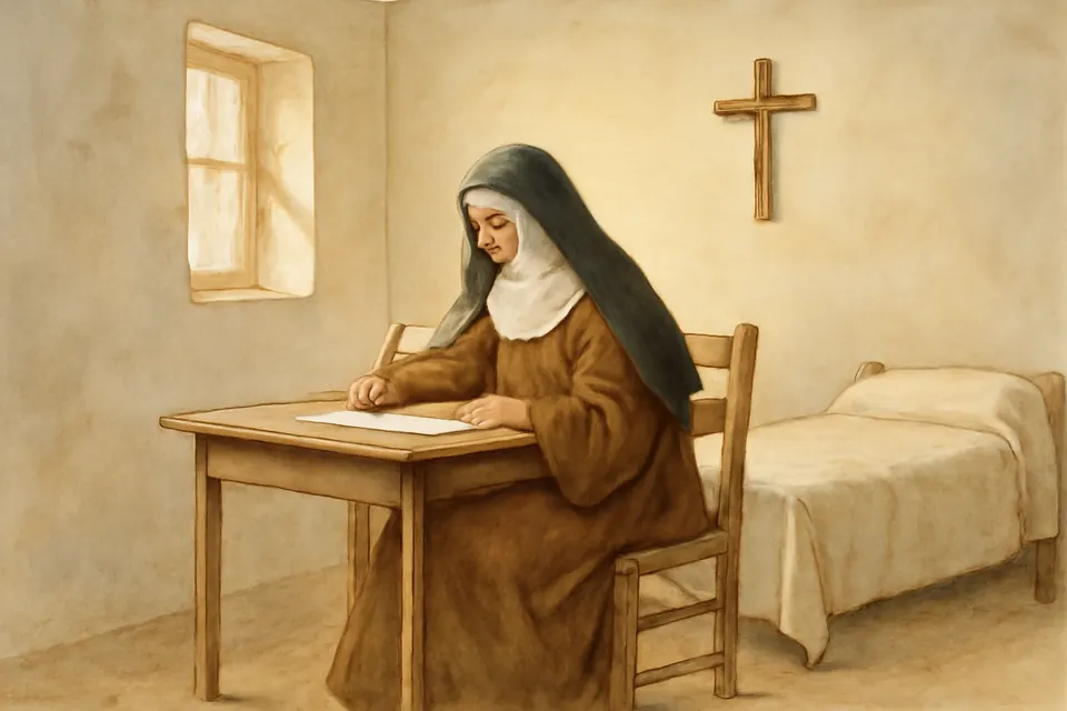 Watercolor scene of a Carmelite nun in a brown habit and black veil writing in a notebook at a small table in a whitewashed cell