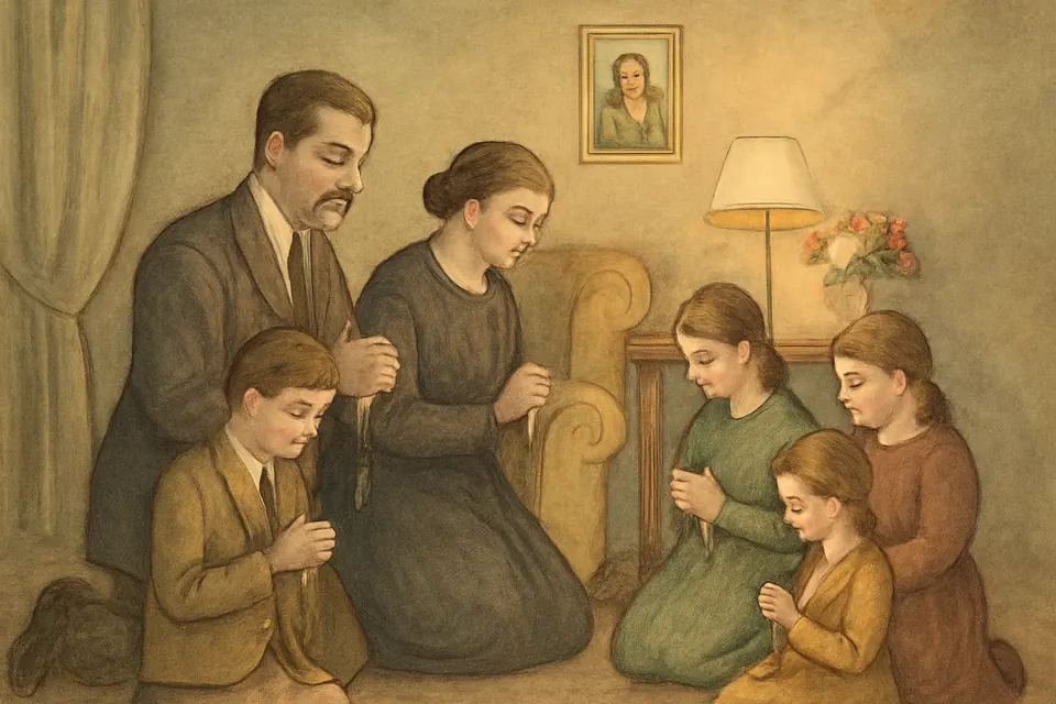 Watercolor scene of a Roman family of six kneeling together in a lamp-lit sitting room to pray the evening rosary