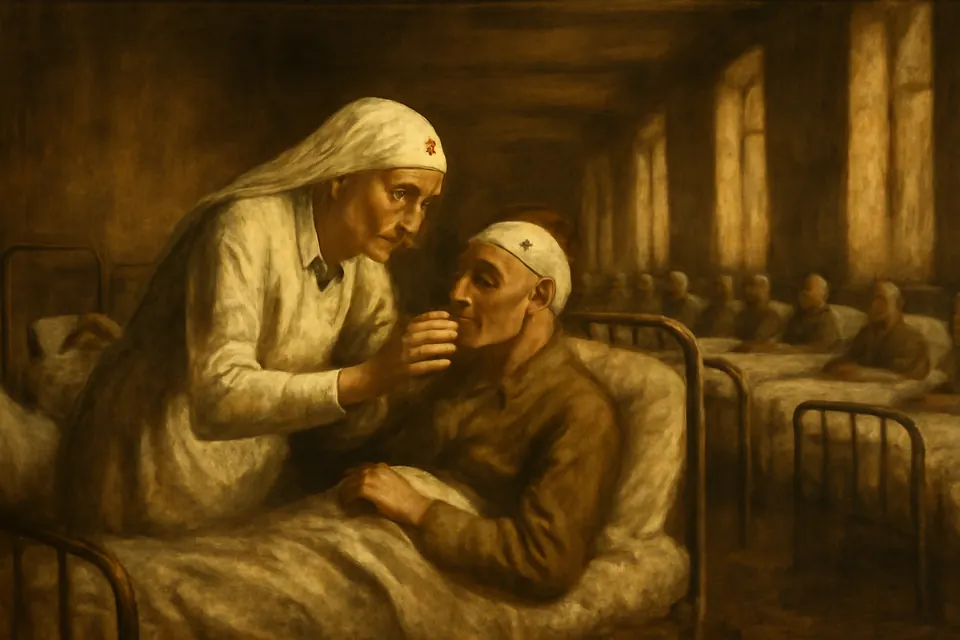 Oil-painting-style scene of a Red Cross volunteer nurse in a white veil with a red cross bending over a wounded soldier in a long military hospital ward