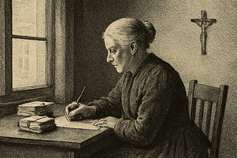 Engraving-style scene of an older woman writing at a desk by a window, a stack of letters and books beside her