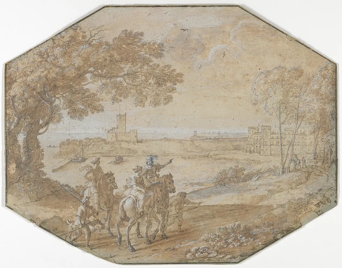 A brown ink and wash drawing of the coast at Santa Marinella, with a castle by the sea and riders on horseback under tall trees in the foreground