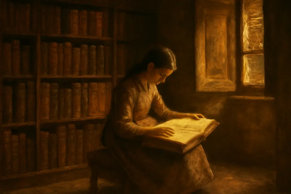 Oil-painting-style scene of a Sicilian girl of about twelve reading a large old book alone in a family library