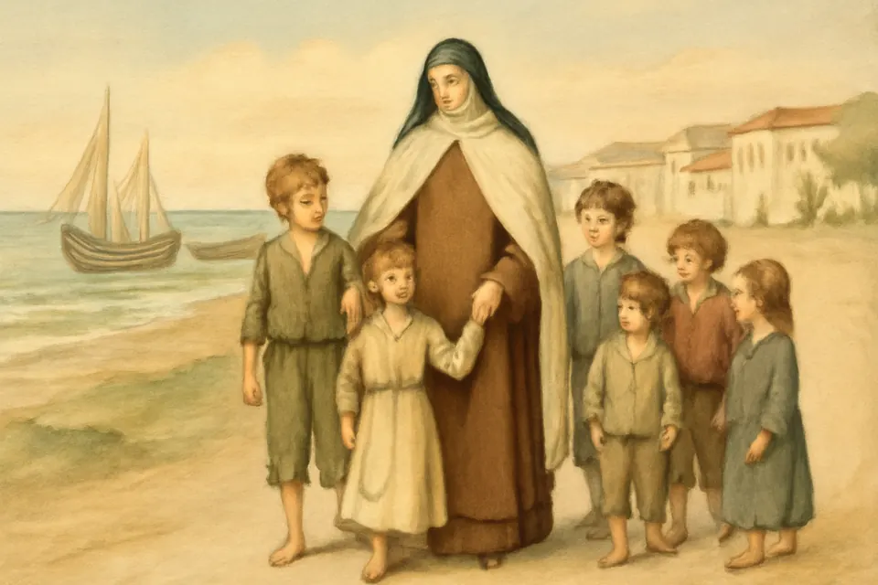 Watercolor scene of a Carmelite sister in a brown habit and white mantle walking with a group of poor children along a seaside road