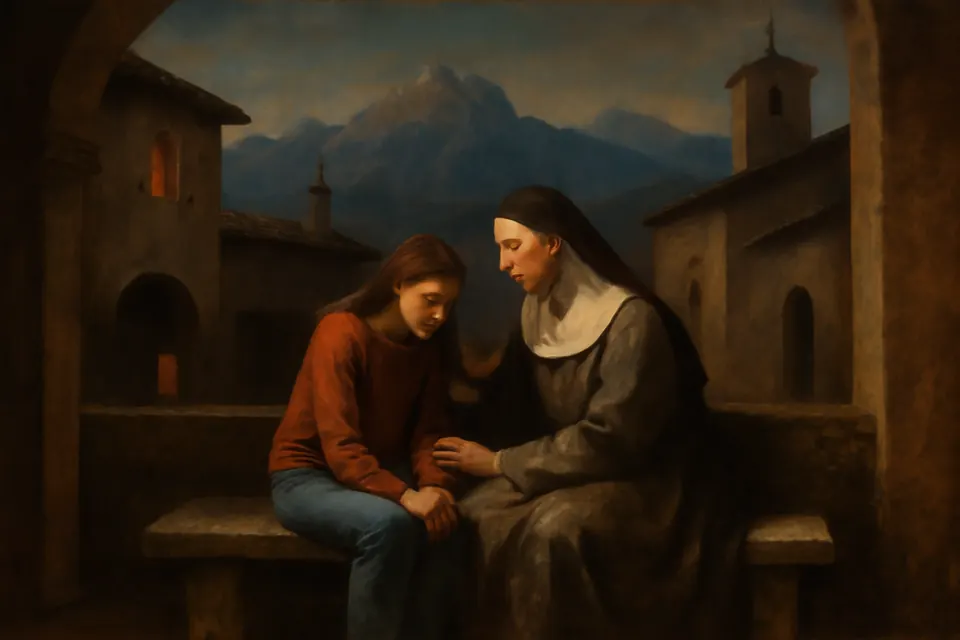 Oil-painting-style scene of an older religious sister sitting on a bench listening kindly to a troubled teenage girl
