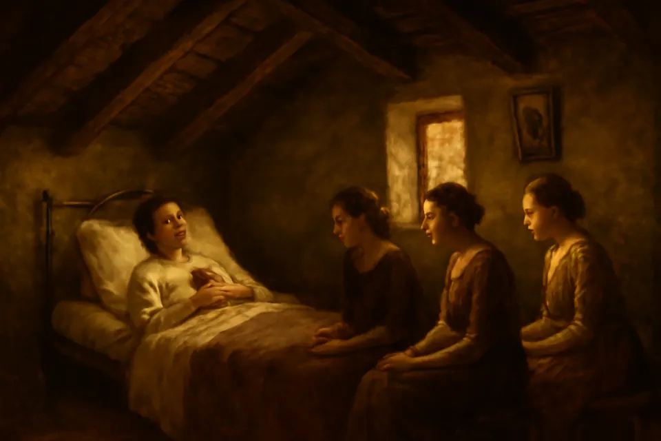 Oil-painting-style scene of a young woman lying in bed in a poor attic room while visitors sit beside her