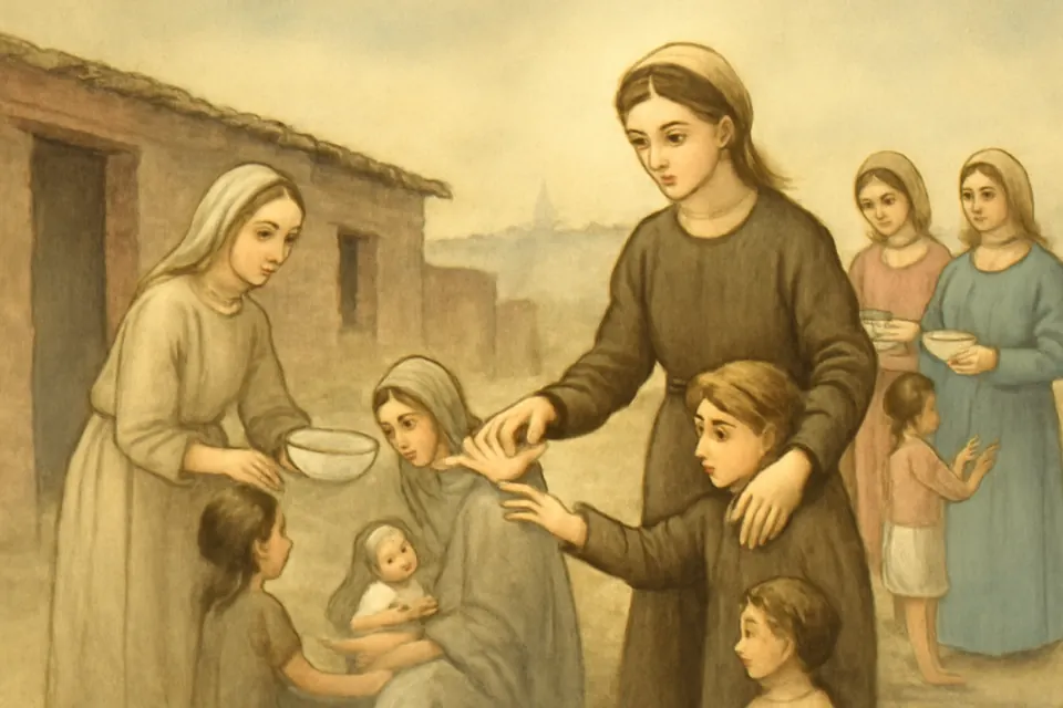Watercolor scene of young women handing out bread and soup to poor families outside shacks on the edge of a city