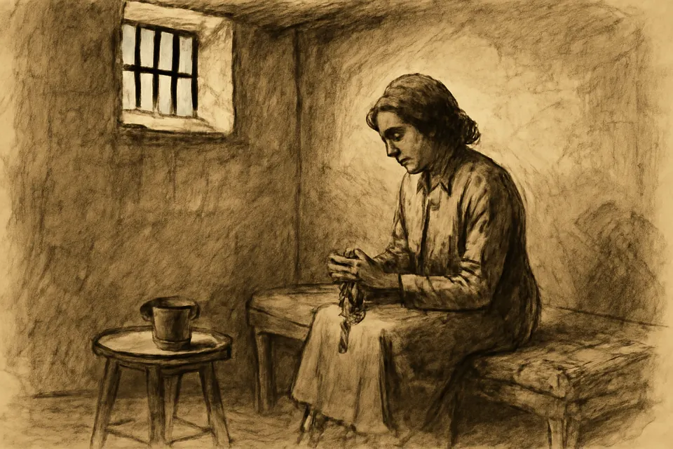 Ink-wash scene of a sister in a plain prison dress praying on a narrow cot in a bare cell under a small barred window