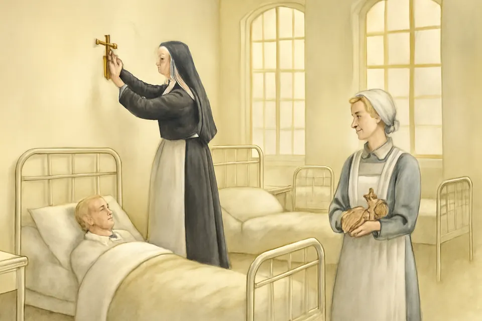 Watercolor scene of a Franciscan nursing sister hanging a crucifix on the wall of a bright new hospital ward while patients watch from their beds