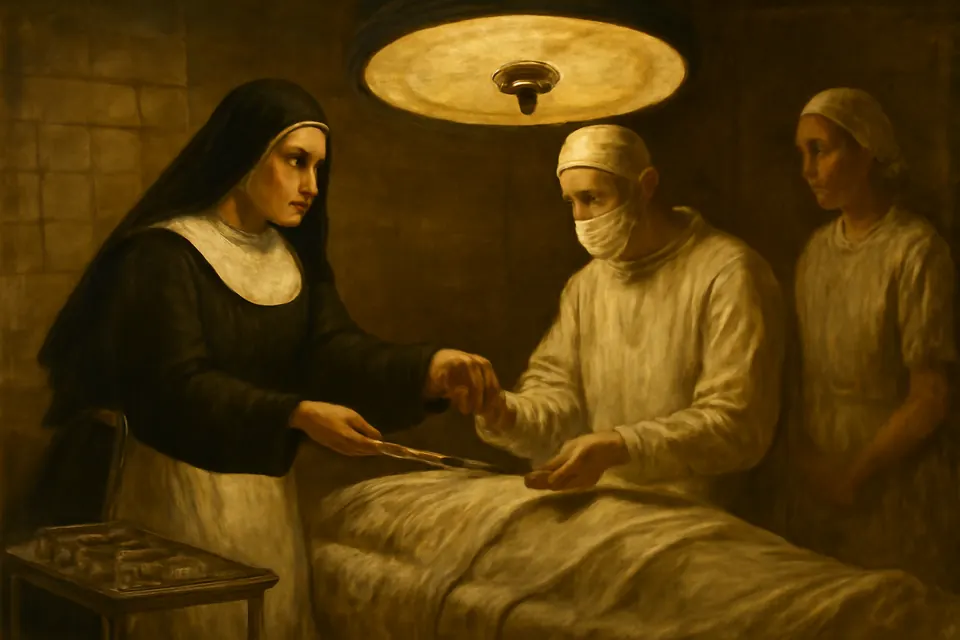 Oil-painting-style scene of a Franciscan sister in a white apron handing instruments to a surgeon in a 1930s operating room