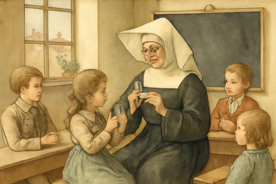 Watercolor-style scene of an older nun in spectacles teaching deaf children with gestures in a bright schoolroom