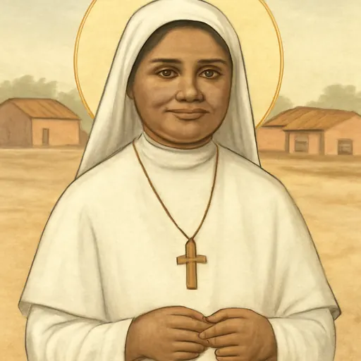 Watercolor-style portrait of Blessed Mariam Vattalil, Sister Rani Maria, a smiling Indian nun in a white habit and veil holding a small crucifix, with village fields of central India behind her