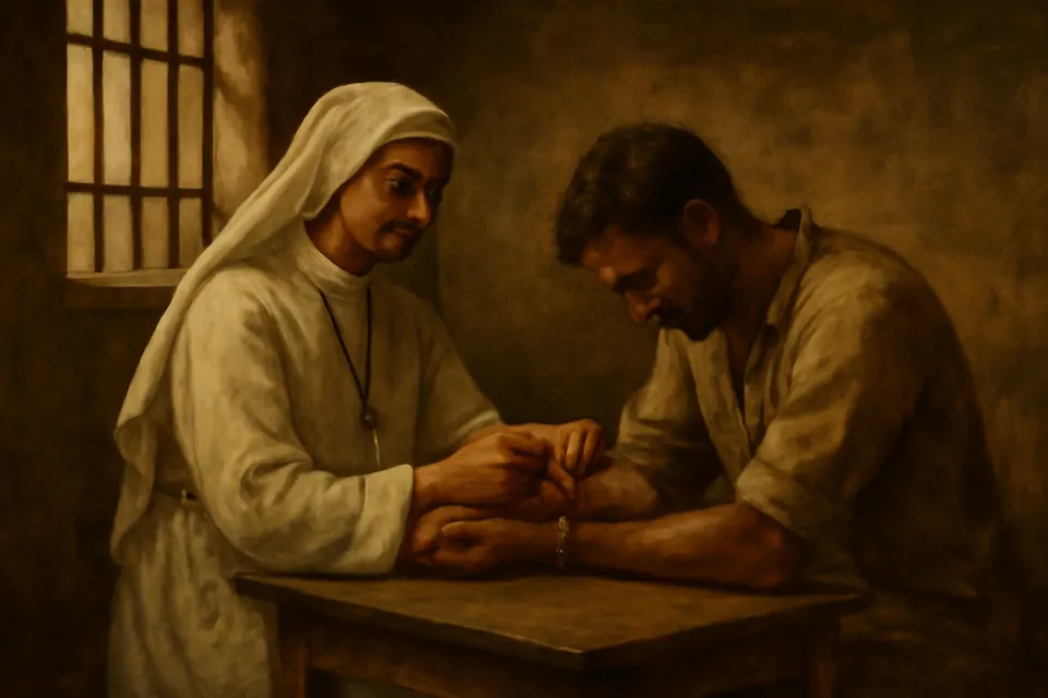 Oil-painting-style scene of a nun in a white habit placing a sacred thread on the wrist of a repentant man in a prison visiting room