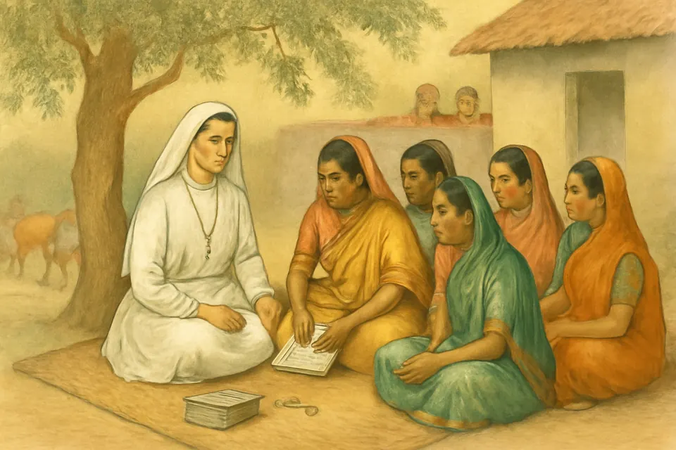 Watercolor scene of a nun in a white habit sitting on a mat with village women, helping them keep a small savings ledger