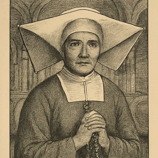 Engraving-style portrait of Blessed Marie-Anne Vaillot, an older French Daughter of Charity in a gray habit and wide white winged cornette, holding a rosary
