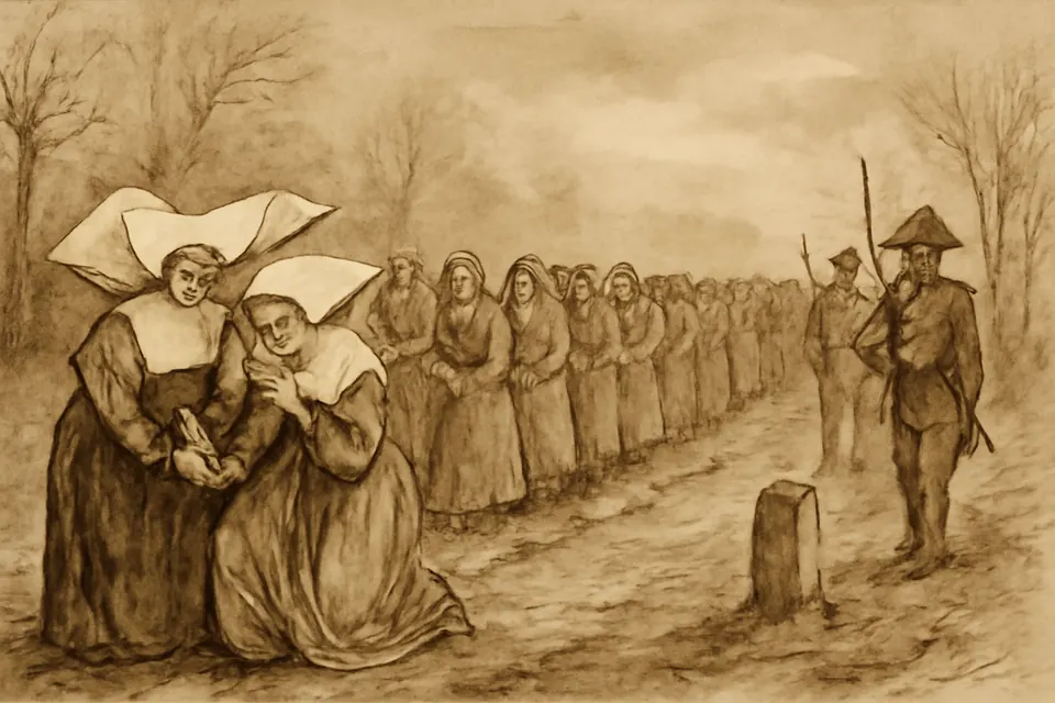 Ink drawing of a long line of women prisoners tied two by two walking along a wintry road, two nuns in winged cornettes among them supporting each other