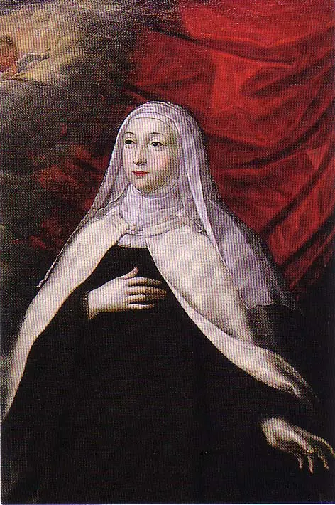 Painted portrait of a pale young woman in a white veil and white mantle over a black habit, her hand laid on her breast, before a red curtain