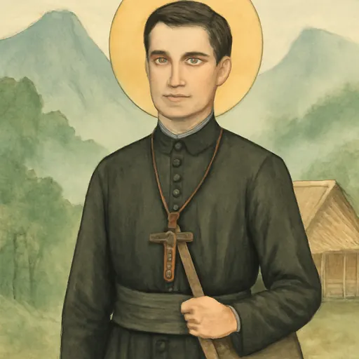 Watercolor-style portrait of Blessed Mario Borzaga, a young Italian missionary priest in a black cassock with a missionary cross, against green mountains of Laos