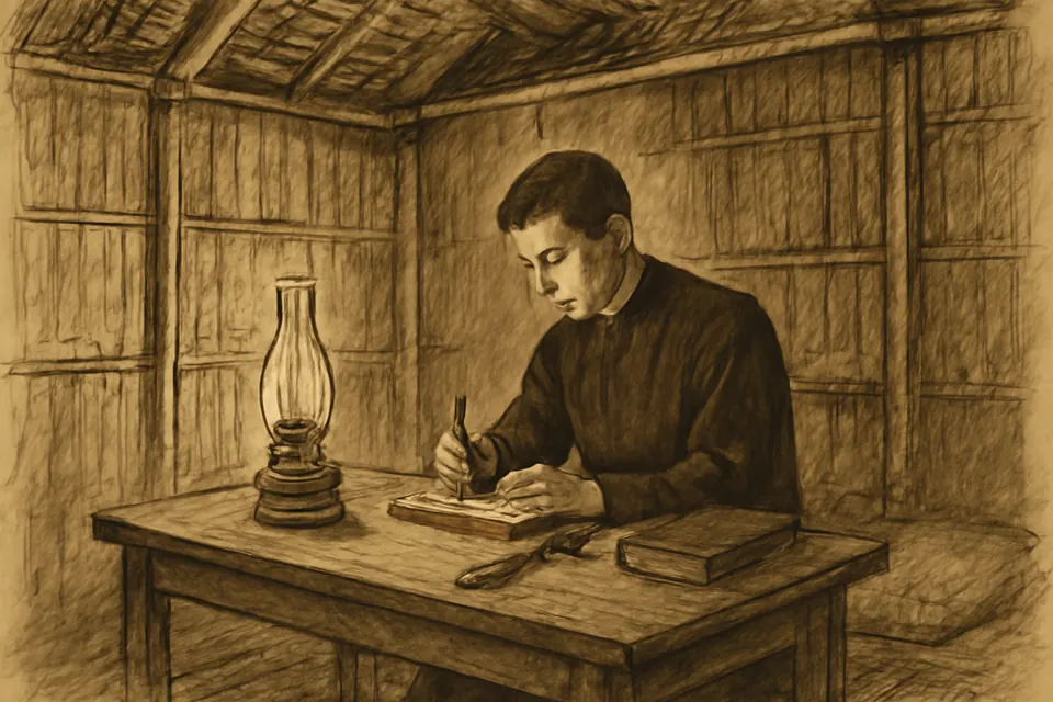 Ink drawing of a young priest writing in a notebook by lamplight in a bamboo mission house