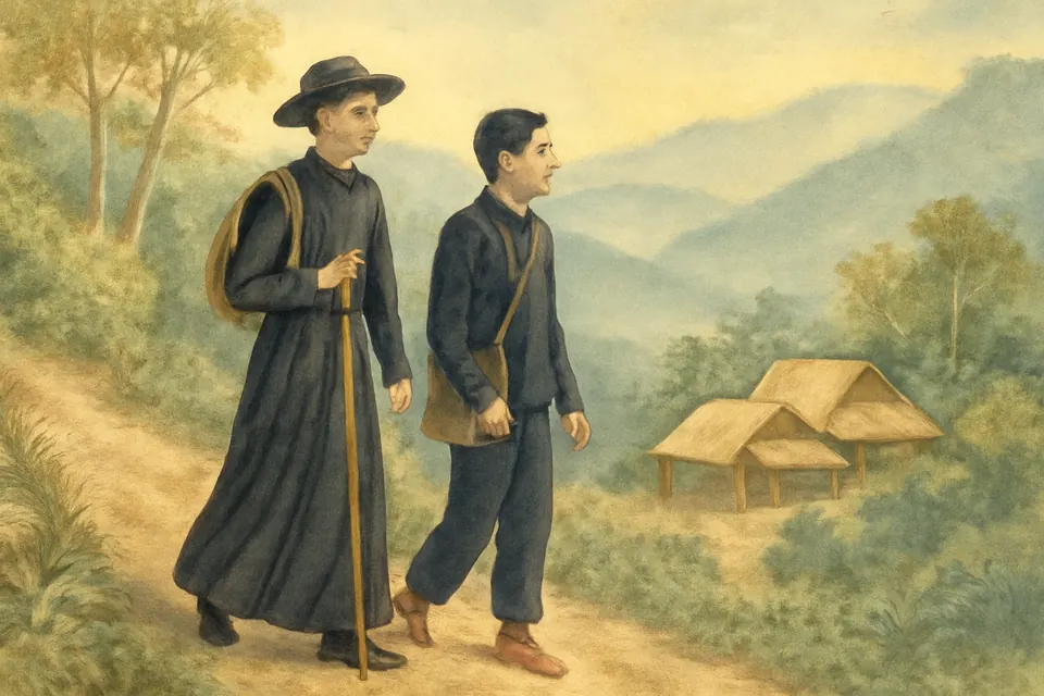 Watercolor scene of a young priest and a teenage Hmong catechist setting out together on a mountain trail in Laos with packs on their backs