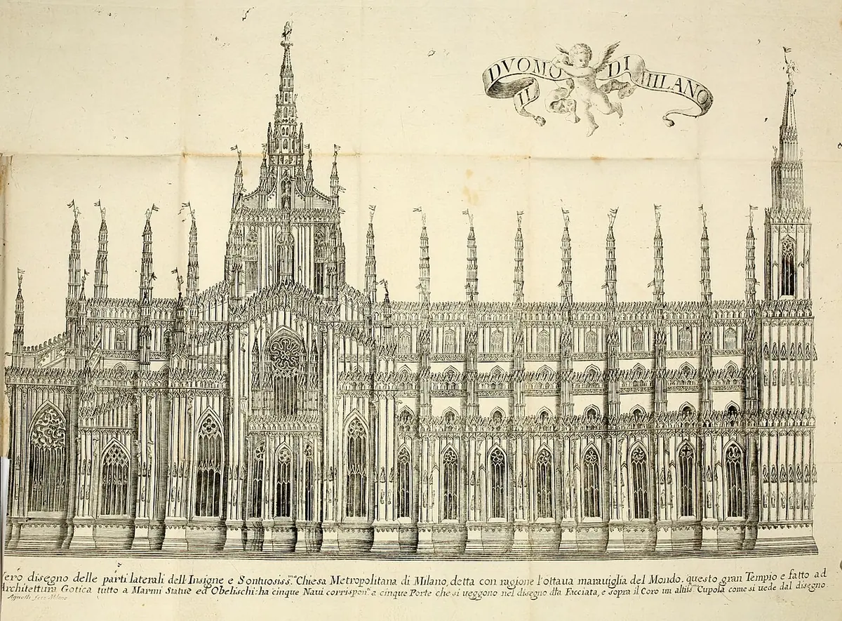 Seventeenth-century engraving of the long Gothic flank of Milan Cathedral with its pinnacles, statues and buttresses