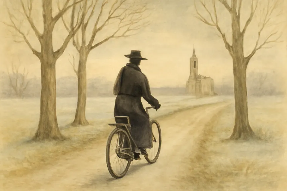 Watercolor scene of a priest in a black cassock riding a bicycle along a country road in winter between bare trees and fields