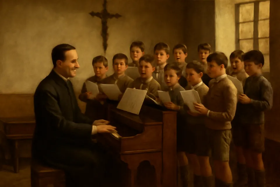 Oil-painting-style scene of a young priest in a black cassock playing a harmonium while boys of a village oratory sing around him