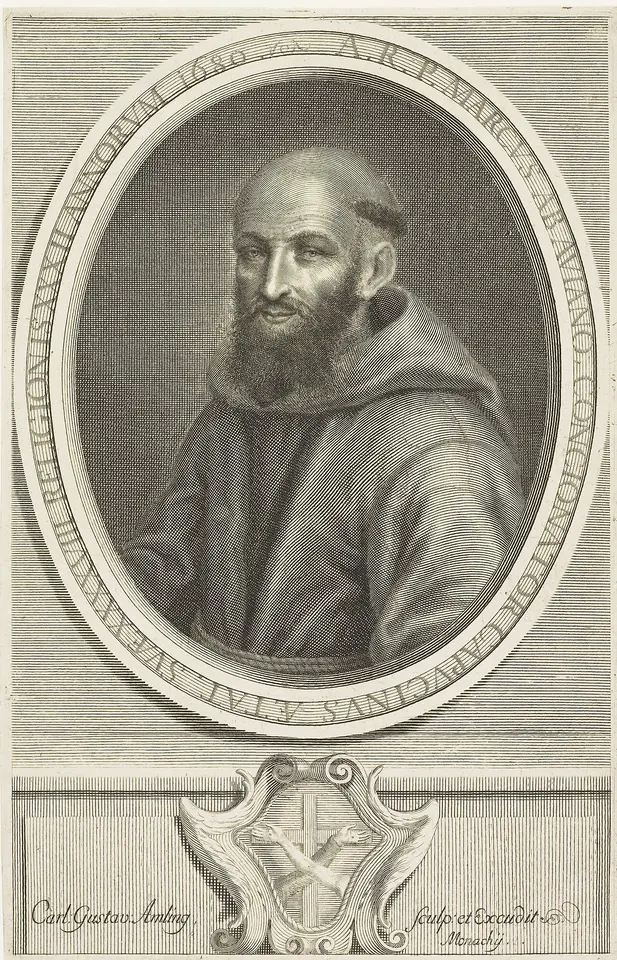 Seventeenth-century engraved oval portrait of a bearded Capuchin friar in a hooded habit, with a Latin inscription around the frame