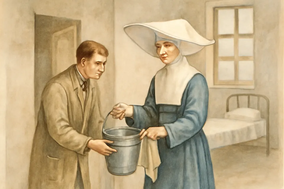Watercolor scene of a nun in a white winged cornette gently taking a bucket from a frightened young male orderly at the door of a hospital room