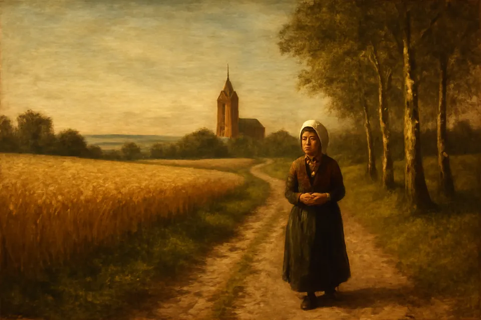 Oil-painting-style scene of a teenage girl in a headscarf walking along a country road through fields toward a distant brick church tower