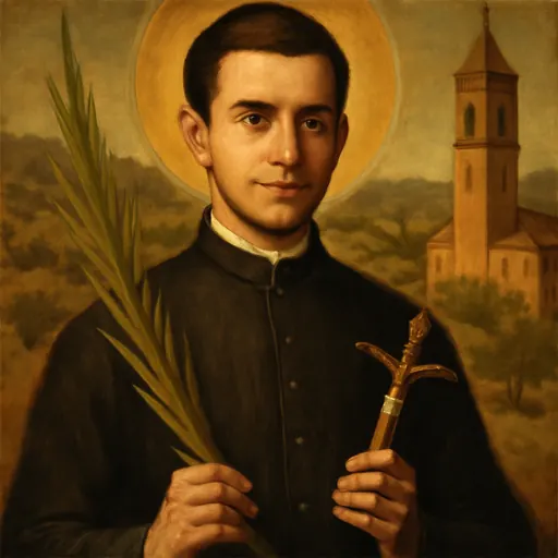Oil-painting-style portrait of Blessed Martín Martínez Pascual, a young Spanish priest in a black cassock with a calm smile, holding a martyr's palm