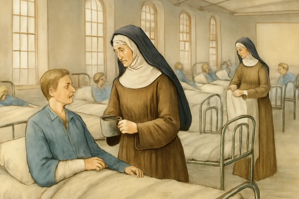 Watercolor scene of a Franciscan sister bringing water to wounded Union soldiers in a hospital ward in Cincinnati