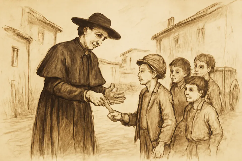 Ink-drawing-style scene of a priest in a cassock in a Turin street holding out his open left hand and making a cutting gesture across it with his right, while a small boy looks up at him