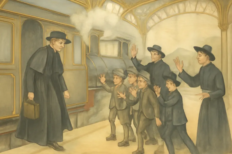 Watercolor-style scene of an elderly thin priest in a black cassock and hat stepping down from a train onto a crowded station platform where boys and priests wait to greet him