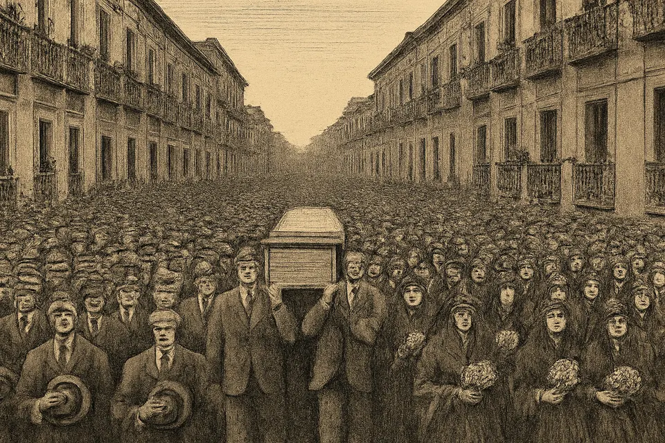 Ilustración al estilo de grabado de una multitud que llena una calle de la ciudad mientras llevan un ataúd en procesión, en 1927