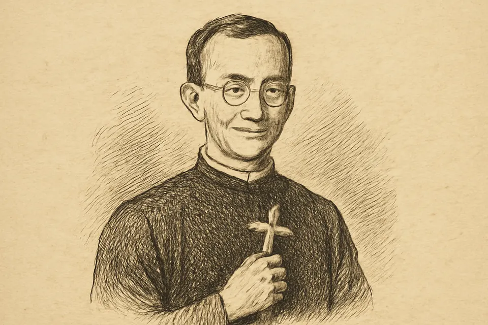 Retrato al estilo de grabado de un joven sacerdote jesuita delgado, de cabello corto y oscuro, con anteojos redondos y sotana negra, que sonríe levemente