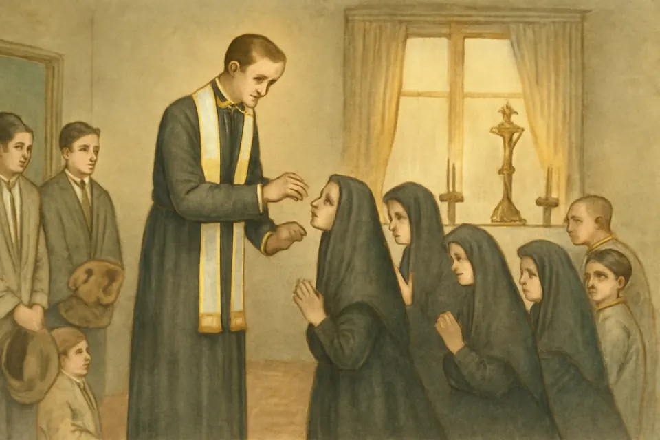 Ilustración en acuarela de una misa clandestina al amanecer en una casa particular, con un sacerdote que lleva estola y da la comunión a familias arrodilladas