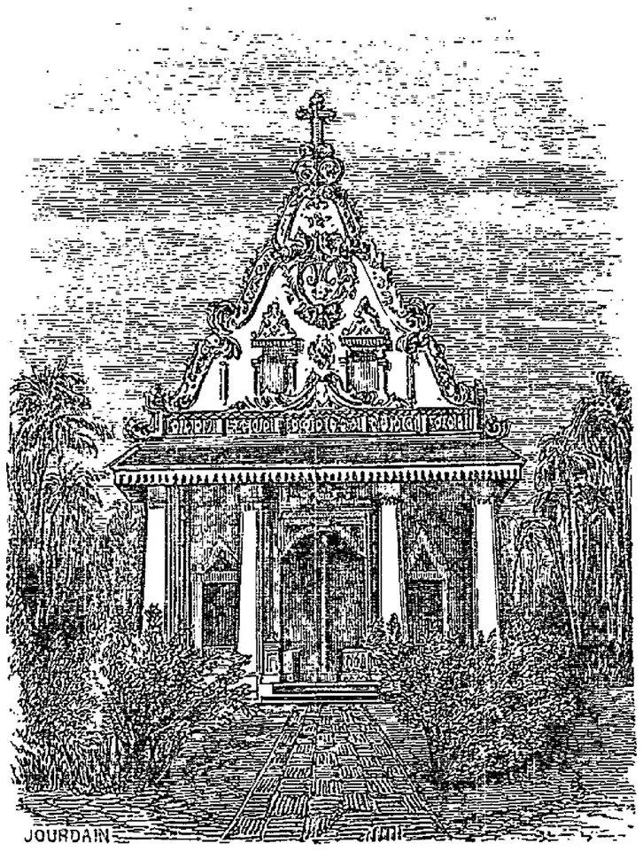 Pen drawing of an earlier church in Bangkok with a steep ornamented gable topped by a cross, set among trees