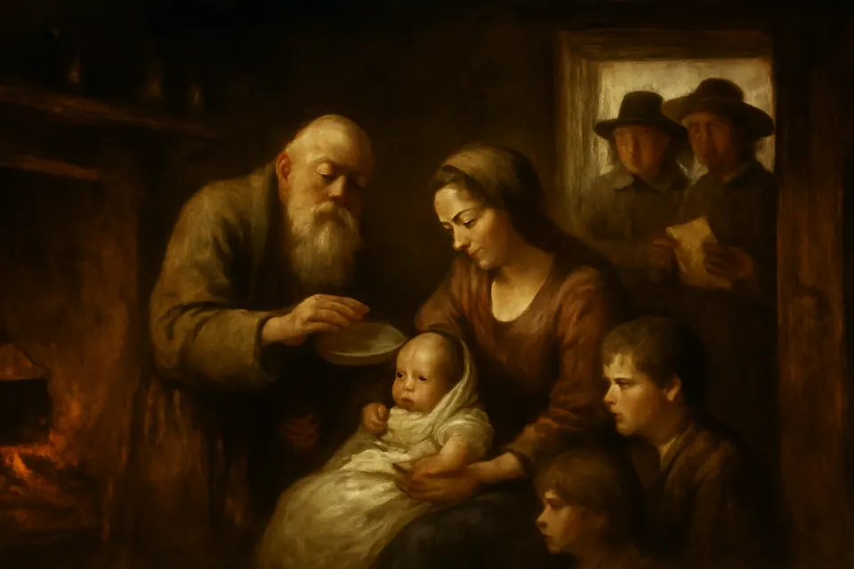 Oil-painting-style scene of an old priest baptizing a baby in a farmhouse kitchen as armed men burst through the door