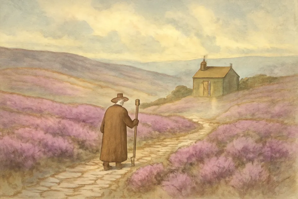 Watercolor-style scene of an elderly priest with a staff walking alone across the heather moors toward a distant farmhouse