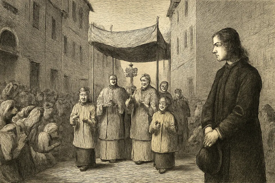 Engraving-style scene of a Corpus Christi procession passing through a seventeenth-century Italian port town while a young man in a black coat watches from the crowd