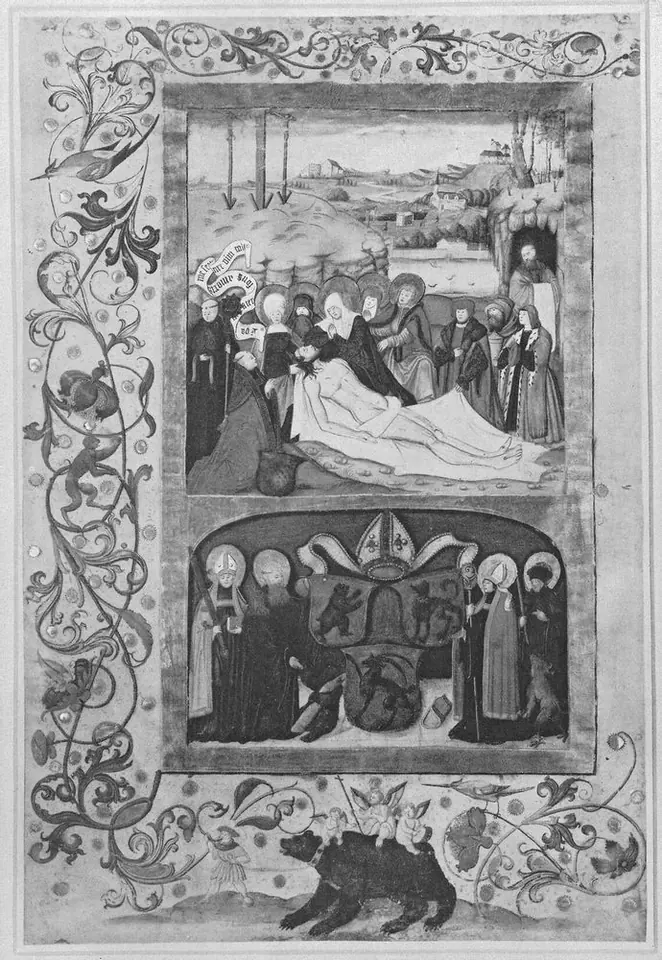 A black-and-white reproduction of an illuminated page framed with flowering vines, showing in the upper panel a monk lying in death surrounded by mourners and in the lower panel saints and a bishop