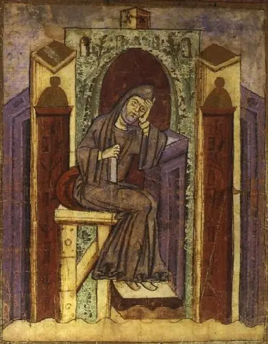A medieval painting of a monk in a brown habit and hood seated in an arched niche between two towers, resting his head on one hand and holding a stylus