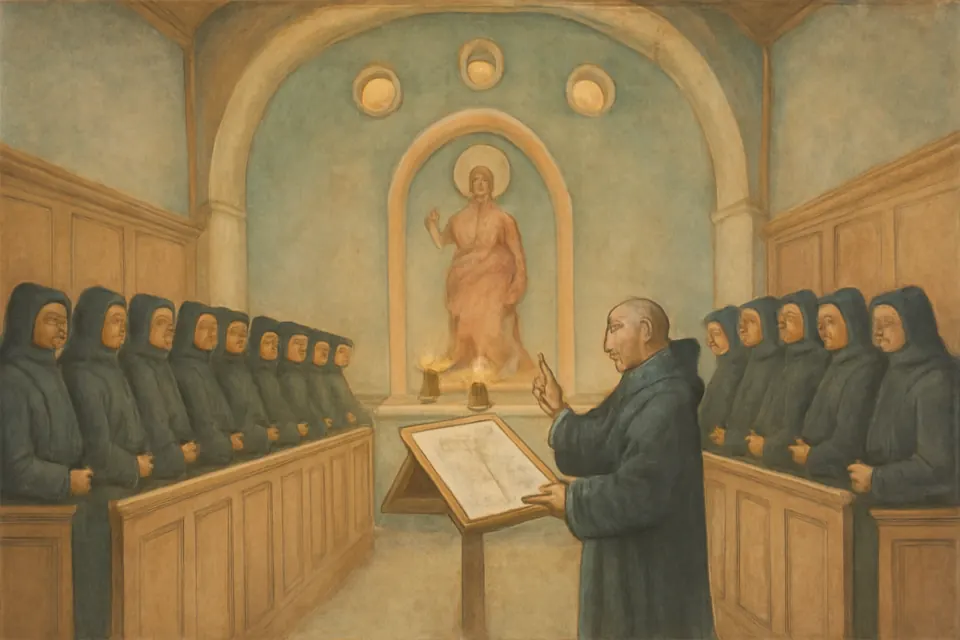 Fresco-style scene of Benedictine monks singing in a candlelit choir before the altar on Easter morning