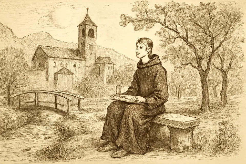 Ink-drawing-style scene of a young monk sitting alone by a stream in a monastery garden, humming and writing words on a wax tablet