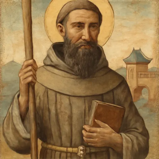 Fresco-style portrait of Blessed Odoric of Pordenone, a bearded Franciscan friar in a gray-brown habit holding a pilgrim's staff and a book