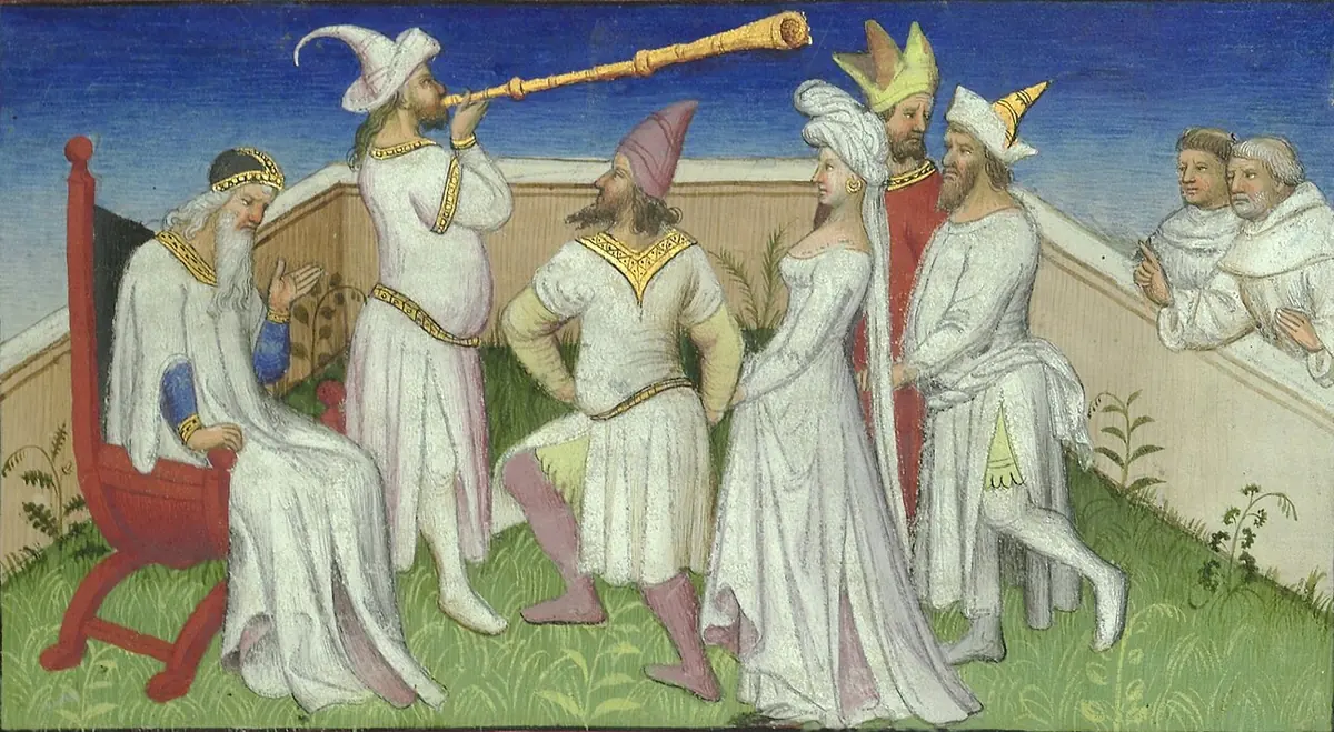 A medieval miniature of a crowned ruler on a red throne in a garden, men in tall hats and white robes, one playing a long trumpet, while two friars watch from behind a wall